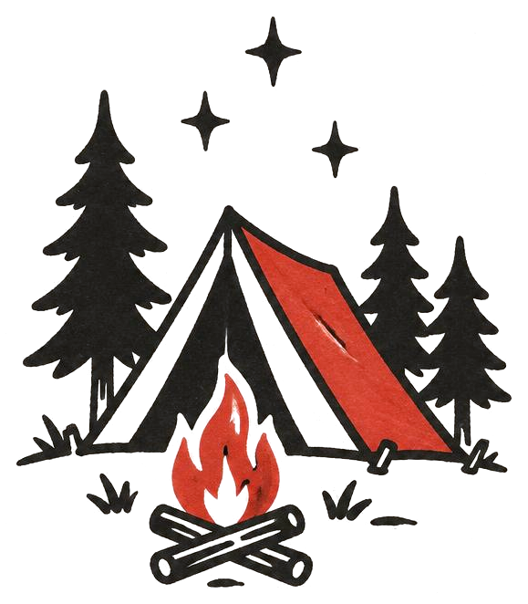 A tent and a red campfire among pine trees
